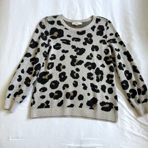 Loft Animal Leopard Print Jacquard Sweater Cream/Tan/Charcoal Gray Sz M